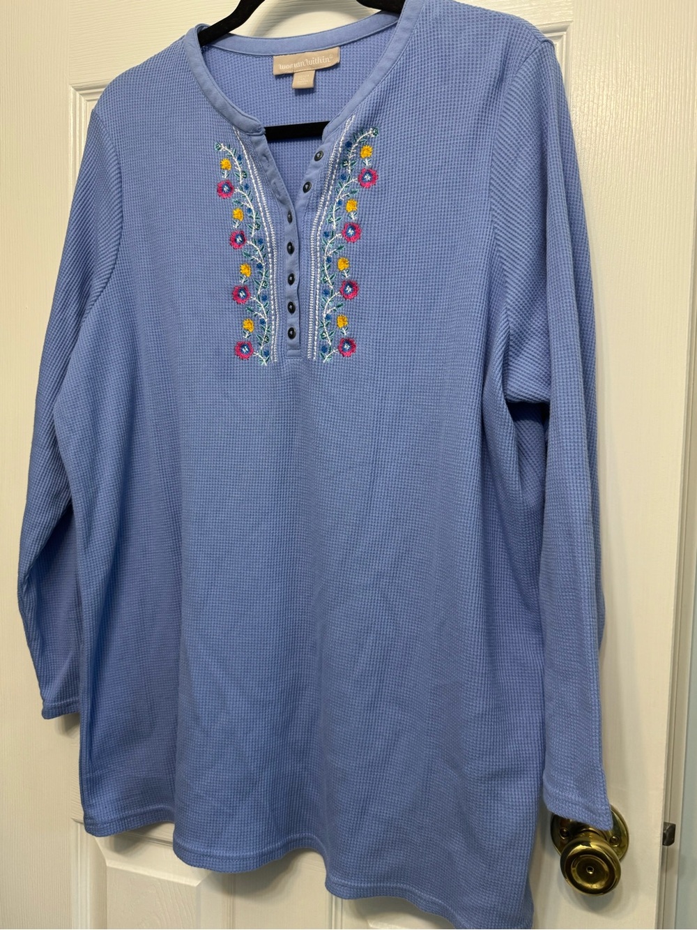 Woman Within 1X Embroidered Waffle Thermal Henley Top - Lavender Blue